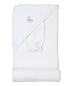 Gingham Jungle Hooded Towel w/ Mitt Set - White/Light Blue
