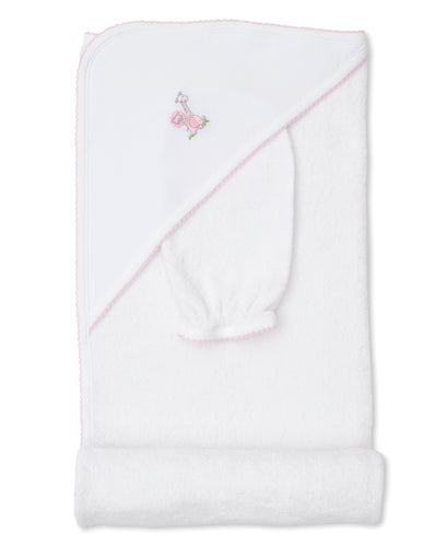 Gingham Jungle Hooded Towel w/ Mitt Set - White/Pink