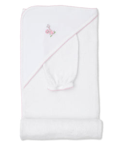 Gingham Jungle Hooded Towel w/ Mitt Set - White/Pink