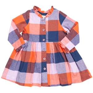 Girls Autumn Dress - Navy Orange Check