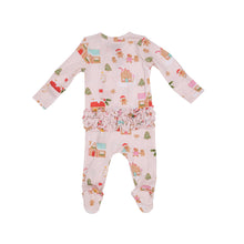 Load image into Gallery viewer, Gingerbread Village Pink 2 Way Ruffle  Zipper Footie Pink