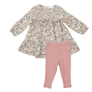 Natural Fall Floral Smocked Ruffle  Tiered Dress And Legging Multi