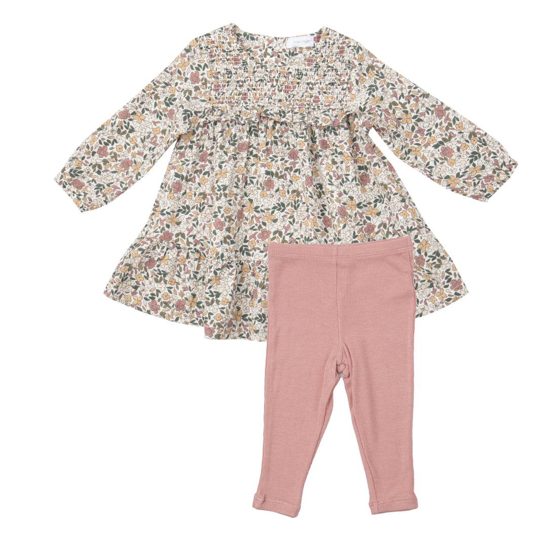 Natural Fall Floral Smocked Ruffle  Tiered Dress And Legging Multi