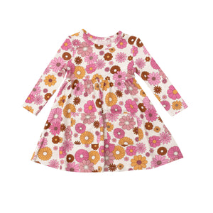 Retro Floral Twirly L/S Dress  Pink