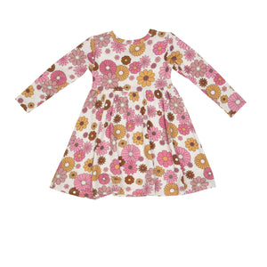 Retro Floral Twirly L/S Dress  Pink