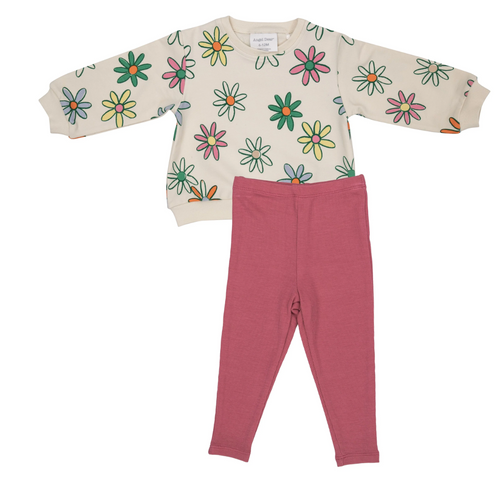 Painted Daisies Puffy Oversized Sweatershirt and Rib Legging Multi Pink