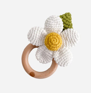 Cotton Crochet Rattle Teether Flower -White