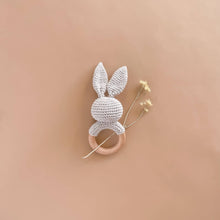 Load image into Gallery viewer, Teether Bunny Grey Cotton Rattle Baby Gift Crochet Spring