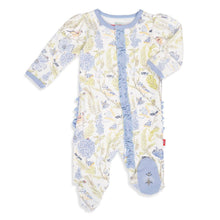Load image into Gallery viewer, Blue Blossom Organic Cotton Ruffle Magnetic Parent Favorite Footie