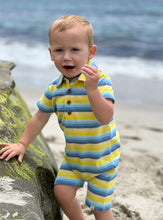 Load image into Gallery viewer, Drift Yellow Blue Multi Stripe Polo Romper
