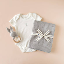 Load image into Gallery viewer, Teether Bunny Grey Cotton Rattle Baby Gift Crochet Spring