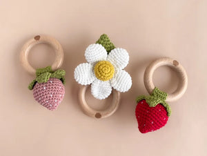 Cotton Crochet Rattle Teether Flower -White