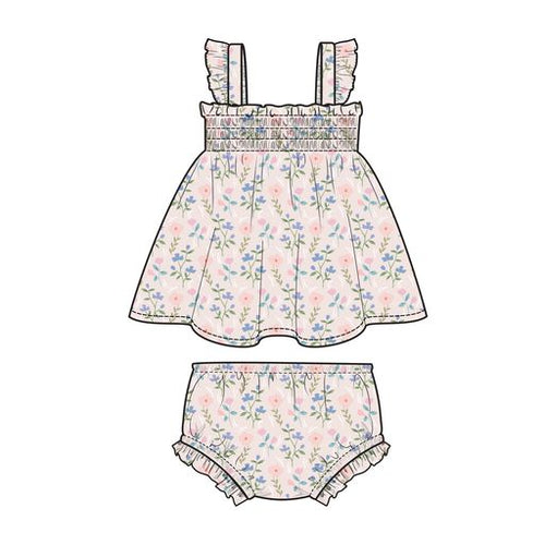 Simple Pretty Floral Ruffle Strap Smocked Top and Diaper Cover