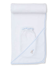 Load image into Gallery viewer, Pups in Action Hooded Towel w/ Mitt Set - White/Light Blue