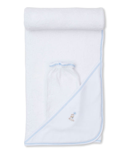 Pups in Action Hooded Towel w/ Mitt Set - White/Light Blue