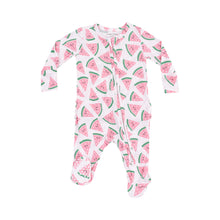 Load image into Gallery viewer, Watermelon Hearts 2 Way Zipper Ruffle Back Footie