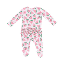 Load image into Gallery viewer, Watermelon Hearts 2 Way Zipper Ruffle Back Footie