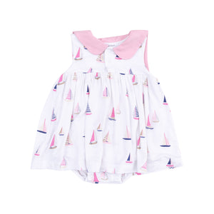 Sailboats Pink Sailor Bodysuit Dress With Embroidery