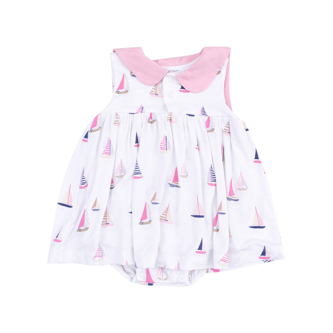 Sailboats Pink Sailor Bodysuit Dress With Embroidery