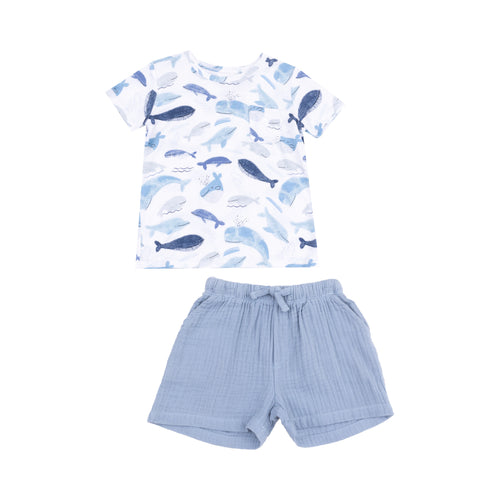Blue Whales Crew Neck Tee And Muslin Short