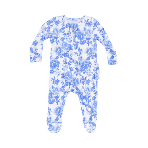 Roses In Blue 2 Way Zipper Ruffle Back Footie