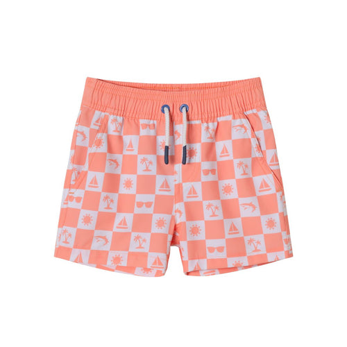 Orange Checker Icon Printed Swim Trunk