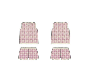 G S Pink Crochet Squares Sl Short Set Smr1