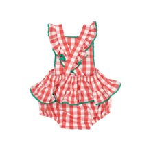 Load image into Gallery viewer, Strawberry Gingham Ric-Rac Ruffle Sunsuit