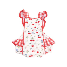 Load image into Gallery viewer, Watercolor Cherries + Gingham Ric-Rac Ruffle Sunsuit