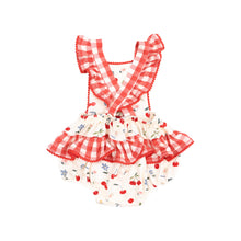 Load image into Gallery viewer, Watercolor Cherries + Gingham Ric-Rac Ruffle Sunsuit