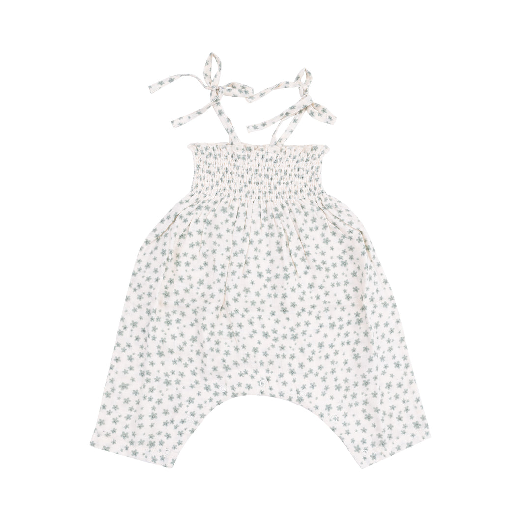 Jadeite Simple Floral Tie Strap Smocked Romper