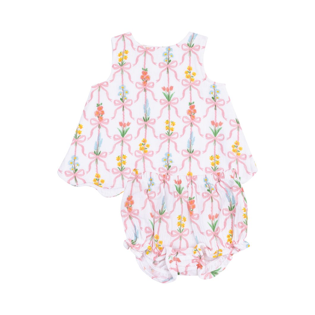 Ribbon Bouquets Scallop Open Back Top W/ Bloomer
