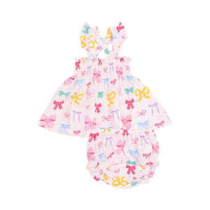 Colorful Bows Ruffle Strap Smocked Top And Diaper Cover