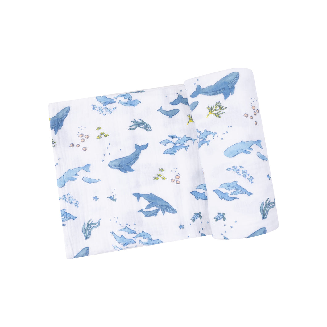 Watercolor Blue Whales Swaddle Blanket
