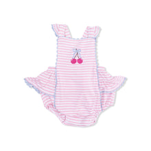 Load image into Gallery viewer, Cherry Stripe - Ric Rac Ruffle Sunsuit