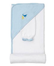 Load image into Gallery viewer, Dinosaurs Hooded Towel w/ Mitt Set White/Blue
