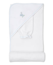 Load image into Gallery viewer, Gingham Jungle Hooded Towel w/ Mitt Set - White/Light Blue