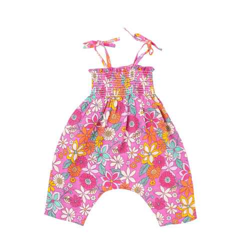 Tropical Retro Floral Tie Strap Smocked Romper