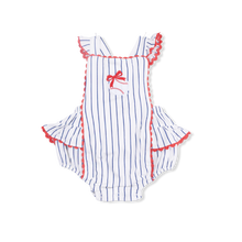Load image into Gallery viewer, Baseball Stripe - Ric Rac Ruffle Sunsuit