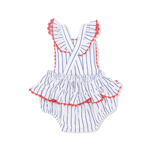 Load image into Gallery viewer, Baseball Stripe - Ric Rac Ruffle Sunsuit