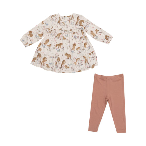 Pretty Ponies - Smocked Ruffle Dress with Crochet Trim and Ribbed Legging