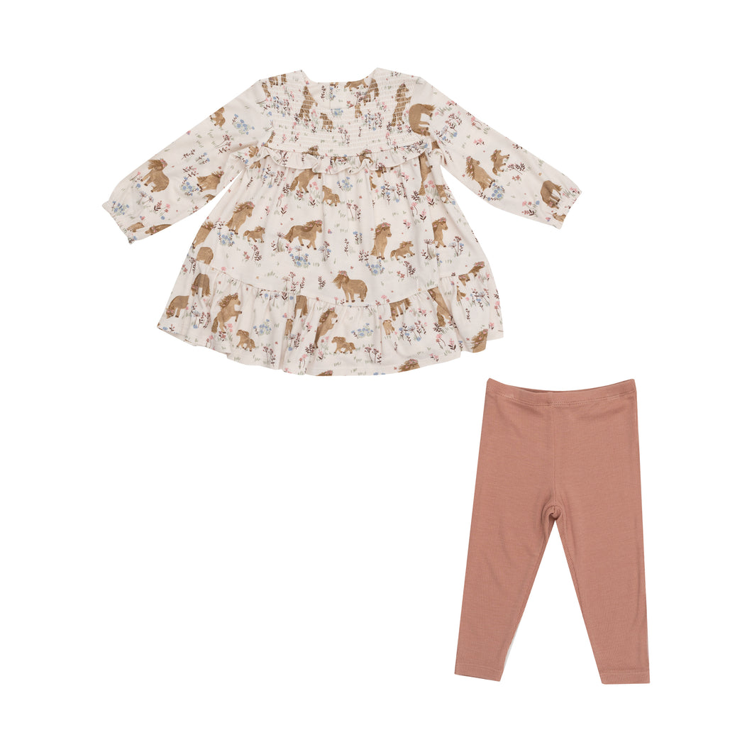 Pretty Ponies - Smocked Ruffle Dress with Crochet Trim and Ribbed Legging