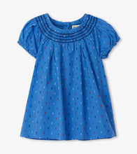 Load image into Gallery viewer, Nautical Swiss Dots Baby Smocked Dress - Granada Sky