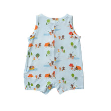 Load image into Gallery viewer, Fishing Animals/Blue Slevless Shortie  Romper