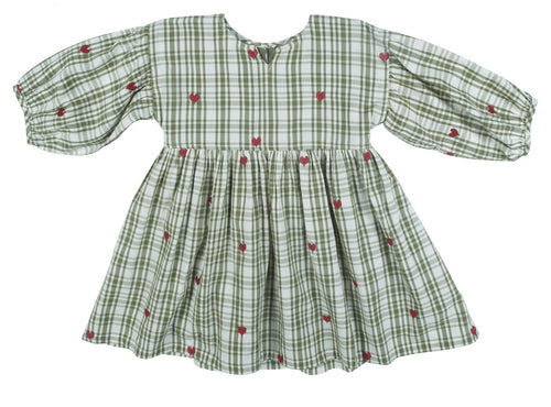 Celeste Dress - Army Green Plaid w/ Heart Emb