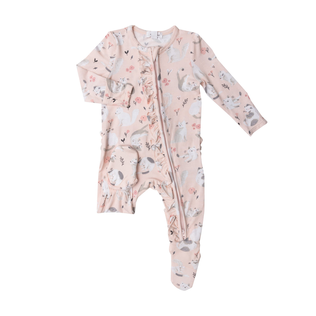 Pretty Kittens/Pink 2 Way Ruffle Zipper Footie