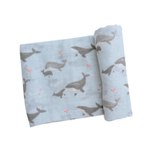Load image into Gallery viewer, Grey Whales/Blue Swaddle Blanket
