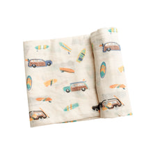 Load image into Gallery viewer, Woody Surf Sharks/Tan Swaddle  Blanket