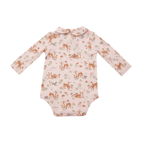 Woodland Animals Peter Pan Collar Bodysuit - Pink