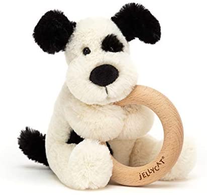 Bashful Black And Cream Puppy Wooden Ring Rattle Jellycat